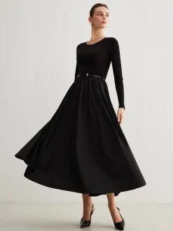 Hot Plain Belted Pleated Panel Dress Black Dresses|Casual Dresses