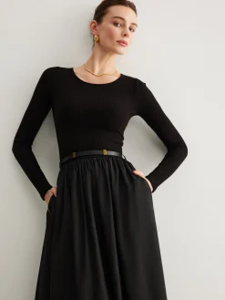Hot Plain Belted Pleated Panel Dress Black Dresses|Casual Dresses