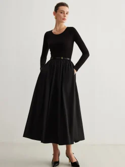 Hot Plain Belted Pleated Panel Dress Black Dresses|Casual Dresses