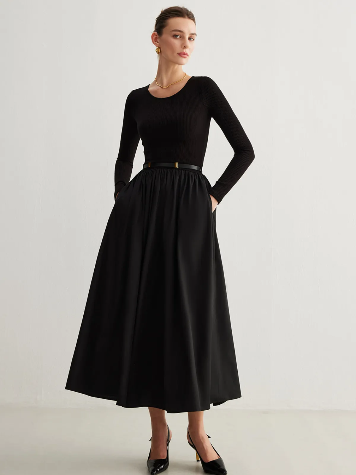 Hot Plain Belted Pleated Panel Dress Black Dresses|Casual Dresses