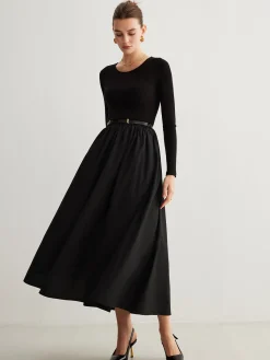 Hot Plain Belted Pleated Panel Dress Black Dresses|Casual Dresses