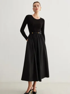 Hot Plain Belted Pleated Panel Dress Black Dresses|Casual Dresses