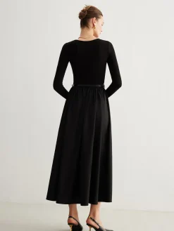 Hot Plain Belted Pleated Panel Dress Black Dresses|Casual Dresses