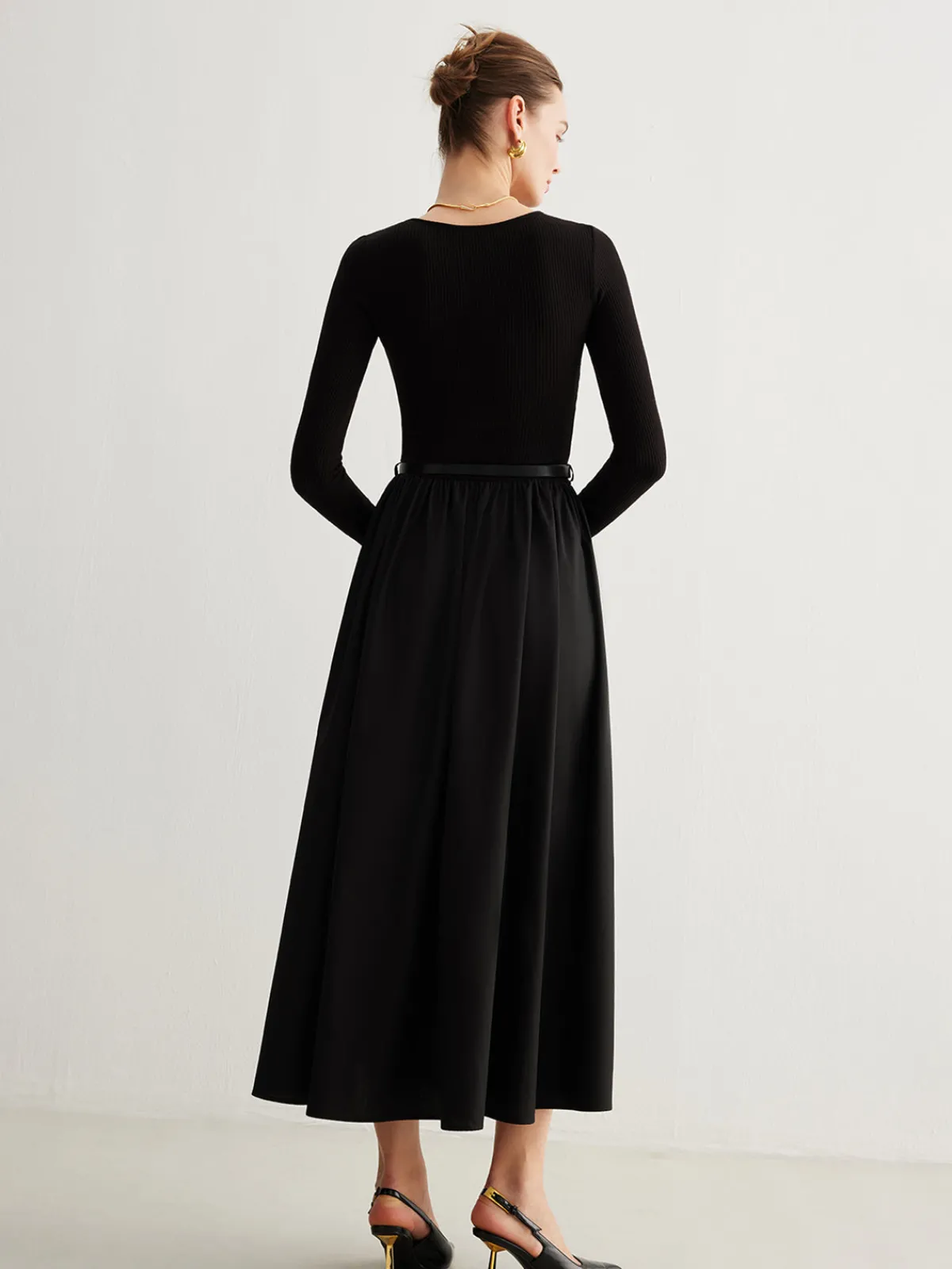 Hot Plain Belted Pleated Panel Dress Black Dresses|Casual Dresses