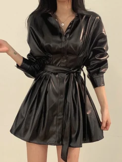 Best Plain Belted PU Leather Dress Black Dresses|Casual Dresses