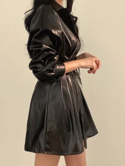 Best Plain Belted PU Leather Dress Black Dresses|Casual Dresses