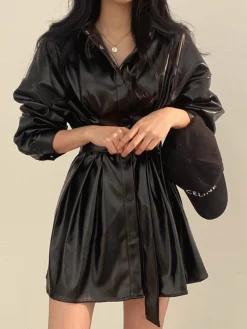 Best Plain Belted PU Leather Dress Black Dresses|Casual Dresses