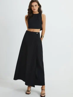 Outlet Plain Button Detail Top With Split Maxi Skirt Set Skirt Sets|Long Sleeve Sets