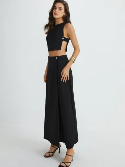 Outlet Plain Button Detail Top With Split Maxi Skirt Set Skirt Sets|Long Sleeve Sets