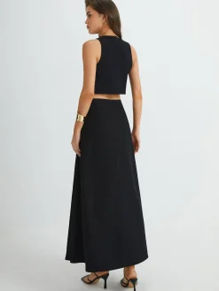 Outlet Plain Button Detail Top With Split Maxi Skirt Set Skirt Sets|Long Sleeve Sets