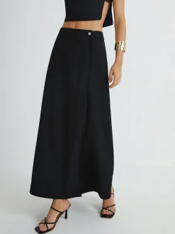 Outlet Plain Button Detail Top With Split Maxi Skirt Set Skirt Sets|Long Sleeve Sets