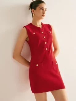 Online Plain Button Down Sleeveless Sweater Dress Sweater Dresses|Work Dresses