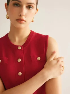 Online Plain Button Down Sleeveless Sweater Dress Sweater Dresses|Work Dresses