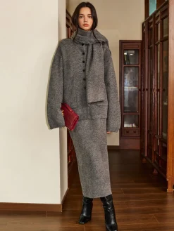 Clearance Plain Button Sweater Skirt Set With Scarf Skirt Sets|Long Sleeve Sets
