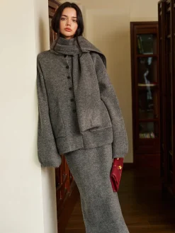Clearance Plain Button Sweater Skirt Set With Scarf Skirt Sets|Long Sleeve Sets