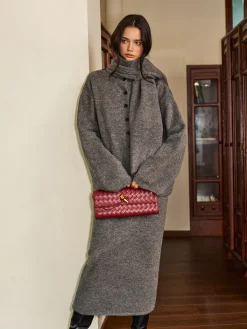 Clearance Plain Button Sweater Skirt Set With Scarf Skirt Sets|Long Sleeve Sets