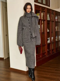 Clearance Plain Button Sweater Skirt Set With Scarf Skirt Sets|Long Sleeve Sets