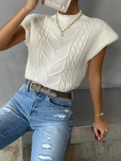 Online Plain Cap Sleeve Sweater Vest Sweater Vests|Sweaters & Cardigans