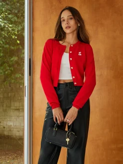 Online Plain Cherry Embroidery Cardigan Cardigans|Sweaters & Cardigans