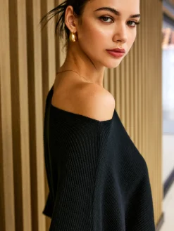 New Plain Cold Shoulder Loose Sweater Sweater Tops|Sweaters & Cardigans