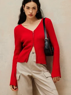 Plain Double Zip Knit Cardigan Cardigans|Sweaters & Cardigans