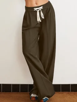 Discount Plain Drawstring Wide-Leg Pants Pants|Bottoms