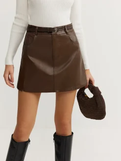Outlet Plain Faux Leather Belted Skirt Skirts|Bottoms