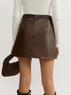 Outlet Plain Faux Leather Belted Skirt Skirts|Bottoms