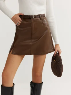 Discount Plain Faux Leather Belted Skirt Skirts|Bottoms