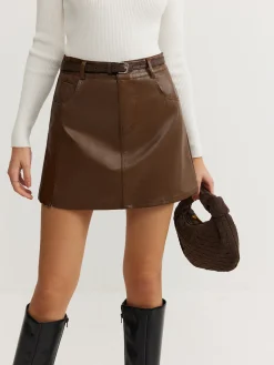 Discount Plain Faux Leather Belted Skirt Skirts|Bottoms