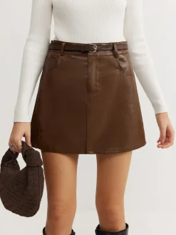 Discount Plain Faux Leather Belted Skirt Skirts|Bottoms
