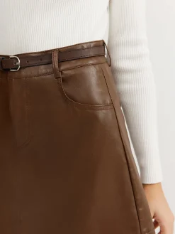Discount Plain Faux Leather Belted Skirt Skirts|Bottoms