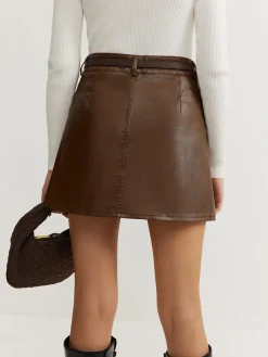 Discount Plain Faux Leather Belted Skirt Skirts|Bottoms