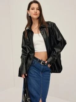 Online Plain Faux Leather Lapel Shirt Blouses & Shirts|Tops