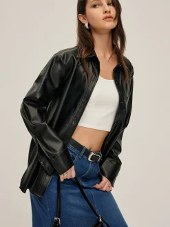 Online Plain Faux Leather Lapel Shirt Blouses & Shirts|Tops