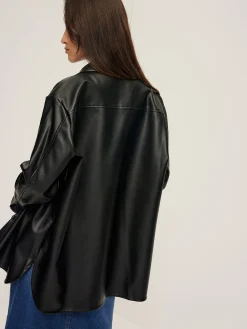Online Plain Faux Leather Lapel Shirt Blouses & Shirts|Tops