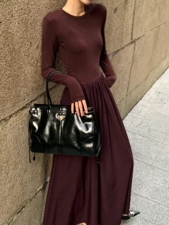 Online Plain Long Sleeve Pleated Dress Casual Dresses|Work Dresses
