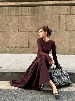Online Plain Long Sleeve Pleated Dress Casual Dresses|Work Dresses