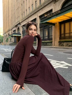 Online Plain Long Sleeve Pleated Dress Casual Dresses|Work Dresses