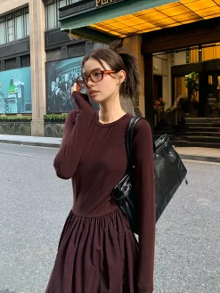 Online Plain Long Sleeve Pleated Dress Casual Dresses|Work Dresses