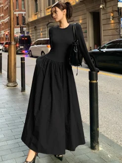 Online Plain Long Sleeve Pleated Dress Casual Dresses|Work Dresses