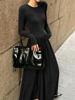 Online Plain Long Sleeve Pleated Dress Casual Dresses|Work Dresses