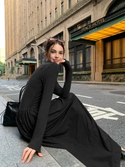 Online Plain Long Sleeve Pleated Dress Casual Dresses|Work Dresses