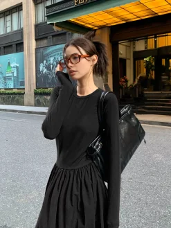 Online Plain Long Sleeve Pleated Dress Casual Dresses|Work Dresses