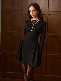 Sale Plain Long Sleeve Pleated Short Dress Dresses