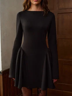 Sale Plain Long Sleeve Pleated Short Dress Dresses