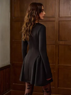 Sale Plain Long Sleeve Pleated Short Dress Dresses
