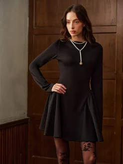 Sale Plain Long Sleeve Pleated Short Dress Dresses