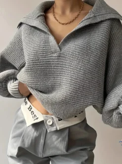 Hot Plain Loose Lapel Sweater Sweater Tops|Sweaters & Cardigans