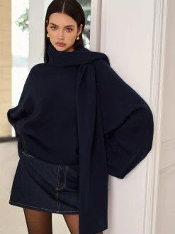 Clearance Plain Loose Sweater With Scarf Sweater Tops|Sweaters & Cardigans
